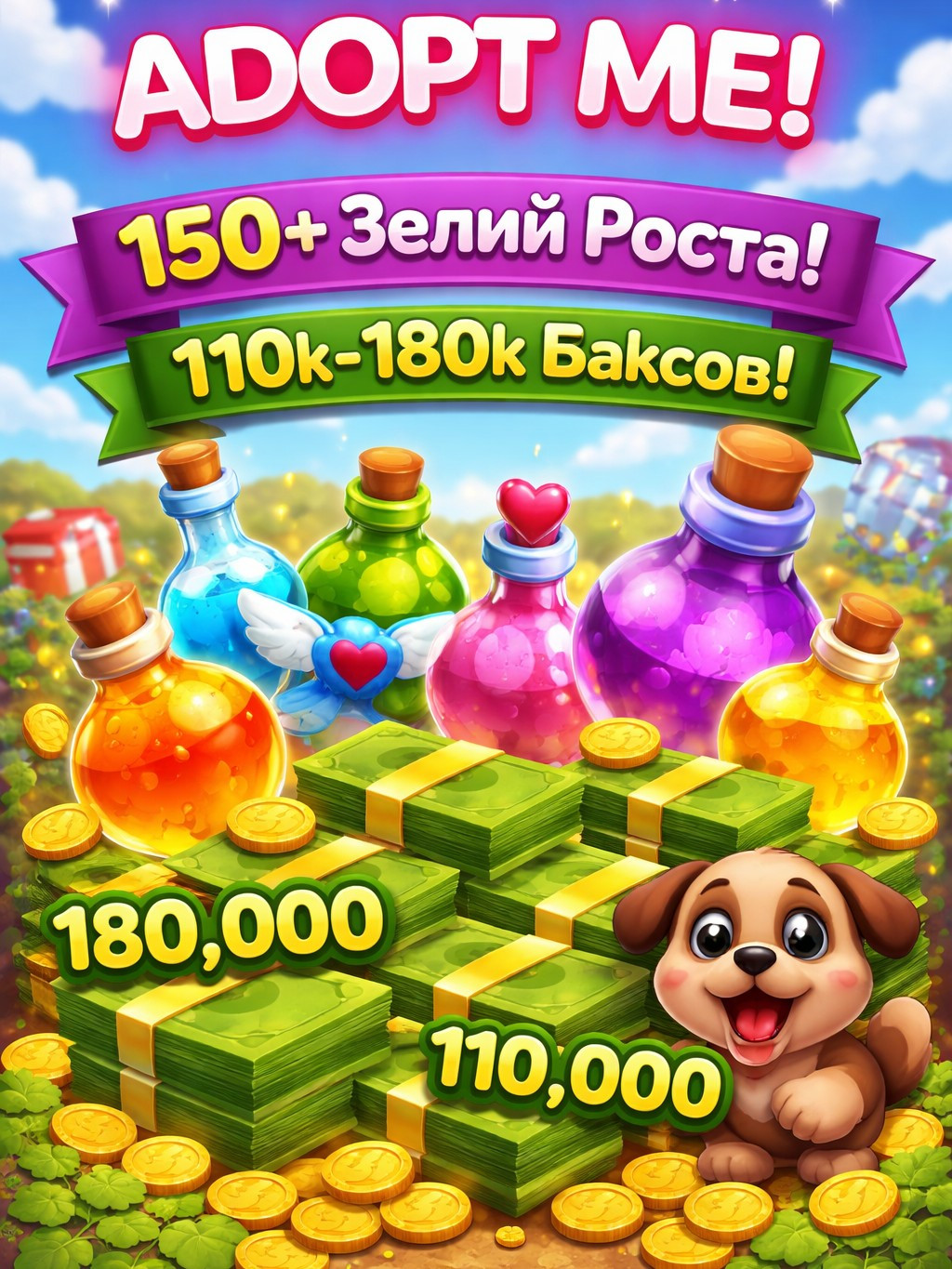 Adopt Me 150+ Pots/Зелий Роста + 110k-180k Баксов
