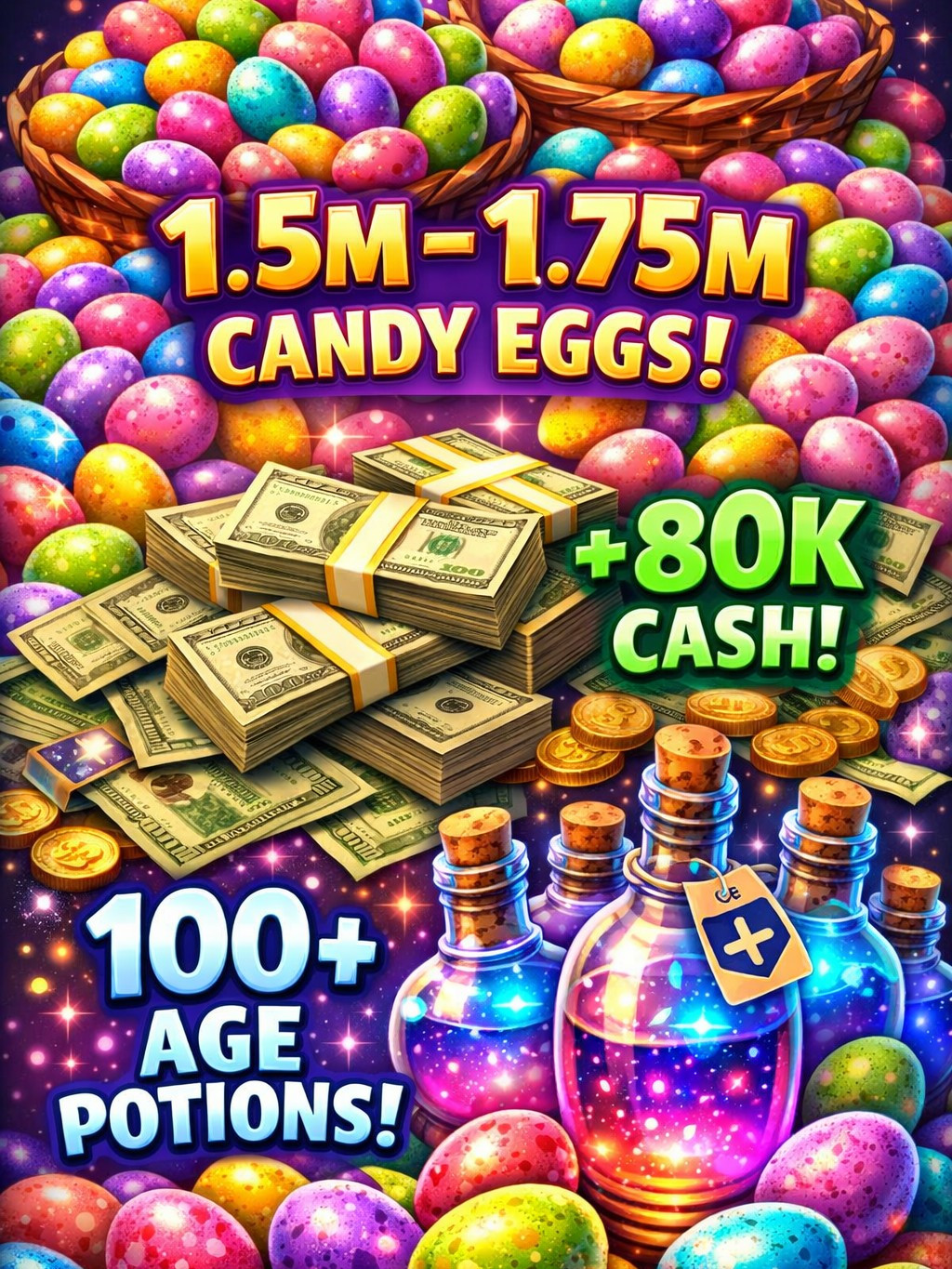 🍬1.5M - 1.75M CANDY EGGS(конфеты) + ~80K БАКСОВ + 100+ AGE POTION🧪