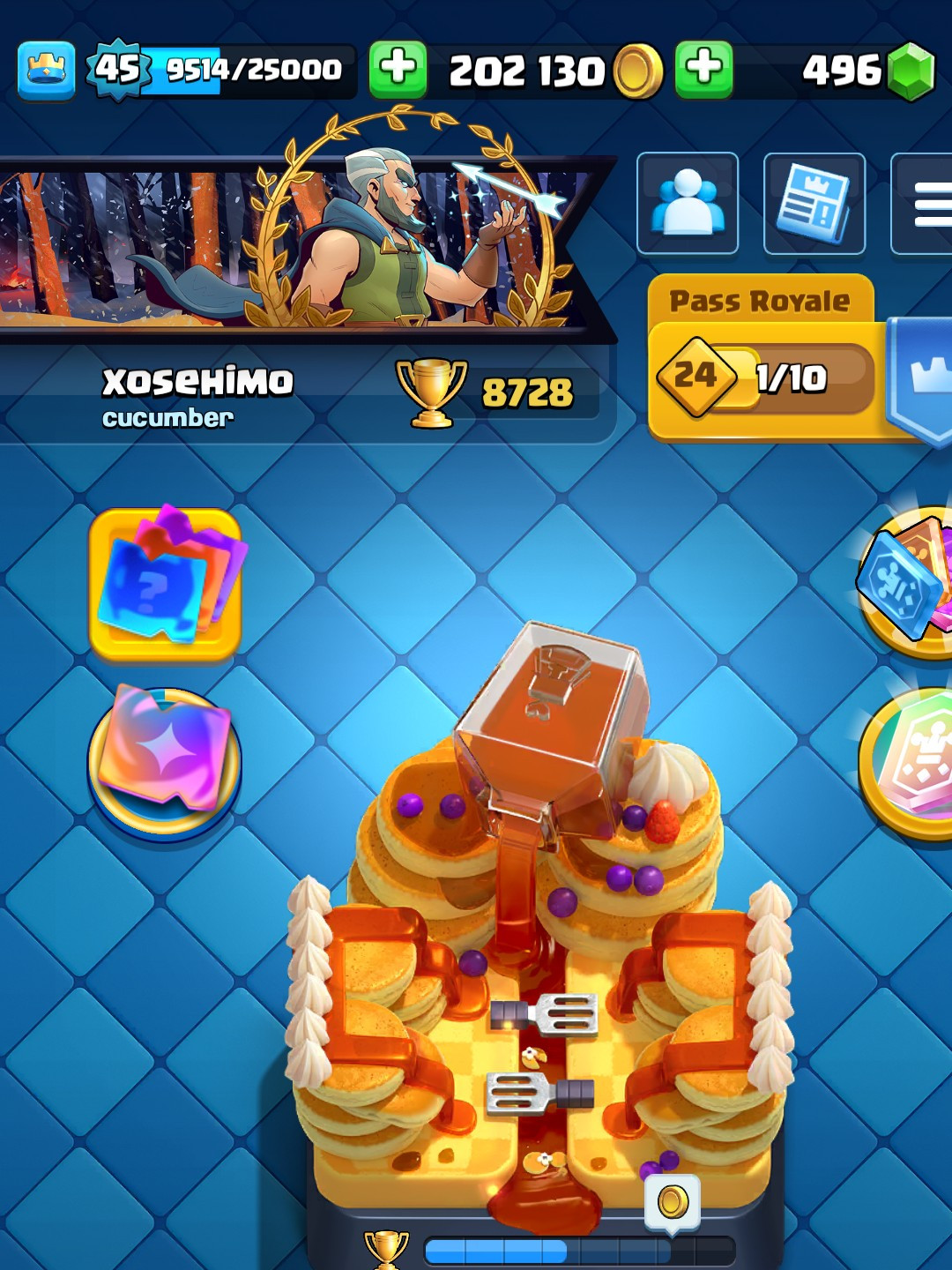 8728 кубков, есть все карты две золотые и 12 с эволюции, 67 эмодзи,  9 видов башни, 63 знамени и 91 рамки 45 лвл