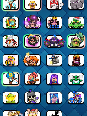 8728 кубков, есть все карты две золотые и 12 с эволюции, 67 эмодзи,  9 видов башни, 63 знамени и 91 рамки 45 лвл