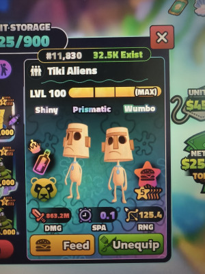 #11,830  Tiki Aliens  5 star LVL 100  (MAX)  Shiny  Prismatic  Wumbo