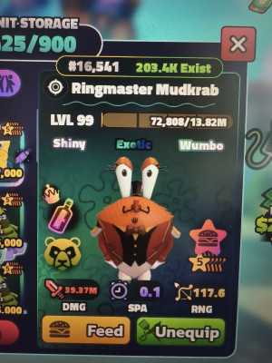 Ringmaster Mudkrab 5 star  LVL 99  Shiny  Exotic  Wumbo
