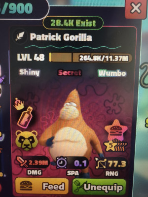 Patrick Gorilla 48 lvl 5 star Shiny  Secret  Wumbo