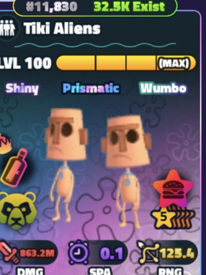 Tiki Aliens  5 star LVL 100sw+Krusty Krab+Pat-Tron+Sir Pinch-A-Lot
