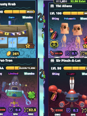 Tiki Aliens  5 star LVL 100sw+Krusty Krab+Pat-Tron+Sir Pinch-A-Lot