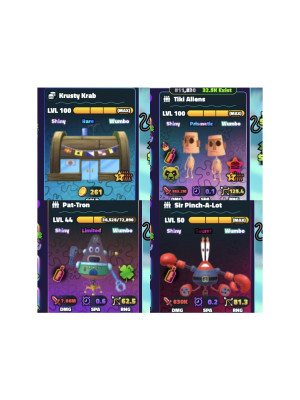 Tiki Aliens  5 star LVL 100sw+Krusty Krab+Pat-Tron+Sir Pinch-A-Lot